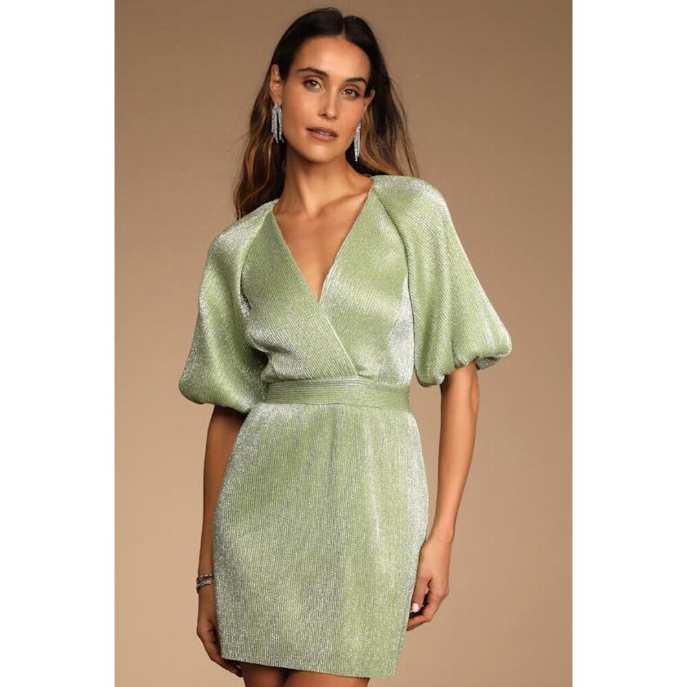 Lulus Ethereal Angel Light Green Glitter Puff Sleeve Mini Dress